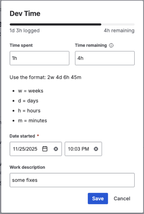 Modal dialog for logging time on the Dev Time field